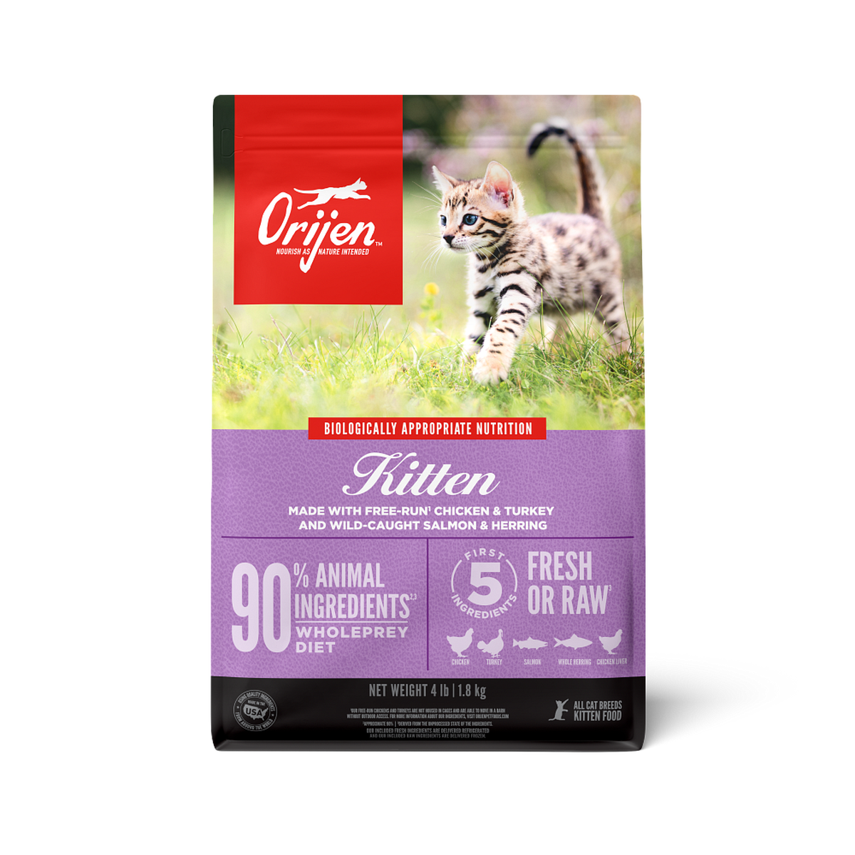 ORIJEN Free Run Chicken & Turkey, & Wild Caught Salmon & Herring Grain-Free Dry Kitten Food,