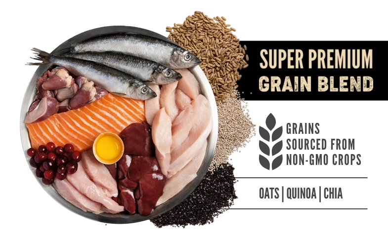 Fresh, raw ingredients. Super premium grain blend. Grains sourced from non-GMO crops. Oats, Quinoa, Chia.